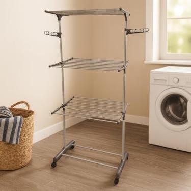 Imagem de Varal de Chão 3 Andares com Rodízios e Cabideiro, Estrutura Dobrável em Aço e ABS, Cinza, 170cm Altura, Capacidade 48kg
