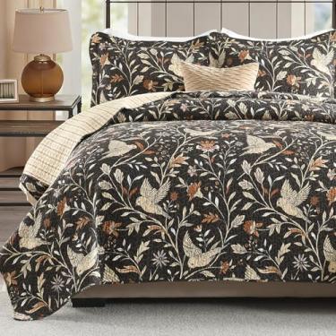 Imagem de DUOHONG Conjunto de colcha 100% algodão tamanho Queen – edredom acolchoado floral, estampa de pássaro botânico reversível, colcha queen da fazenda, roupa de cama leve vintage chique, 3 peças, carvão