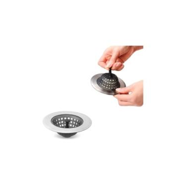 Imagem de Ralo de Pia com Cestinho Flexível, Aço Inox e Silicone, 11cm Diâmetro x 4,5cm Altura, Vedação Giratória