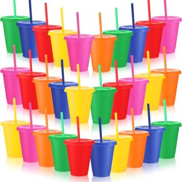 Imagem de Sieral Copos com canudos e tampas copo infantil com canudo garrafa de água reutilizável café gelado caneca de viagem copos de plástico para festas 473 ml (cores vibrantes, pacote com 30)