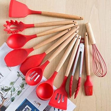 Imagem de Kit Utensílios de Cozinha Silicone 13 Peças, Cabo em Madeira MDF, Preto, Aço Inox, Livre de BPA, Suporta até 230ºC, com Suporte Porta Kit