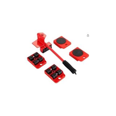 Imagem de Kit Levantador de Móveis, Vermelho, Metal e Plástico, 5 Peças com Alavanca e Rodinhas, Suporta 150kg, para Movimentação de Cargas