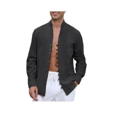 Imagem de Camisa Casual Masculina De Manga Longa Em Algodão E Linho Respirável L