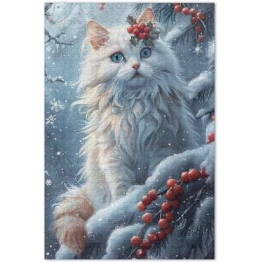 Imagem de Quebra-cabeças com pintura de Natal de gato com paisagem nevada 500 peças para decoração de casa adulto arte paisagem quebra-cabeças família elefante branco presentes, 51 x 35 centímetros