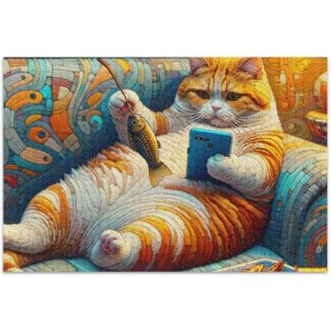 Imagem de Quebra-cabeça engraçado de gato gordo 1000 peças para adultos, pintura de arte floral, presente de mordaça para amigos, família, jogos, presentes, 75 x 40 cm