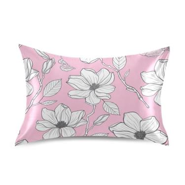 Imagem de Fronhas de cetim para resfriamento de cabelo, arte fofa, King Queen, almofadas padrão, chinelos de quarto, estética, tamanho Queen, 76,2 x 50,8 cm, estampa floral branca rosa claro