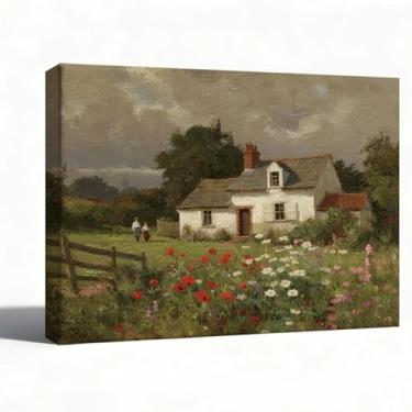 Imagem de Arte de parede em tela de paisagem de jardim de casa de campo, impressão de pintura a óleo de casa de campo com flores, decoração de parede vintage de casa de fazenda, arte romântica do campo