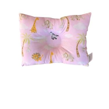 Imagem de Travesseiro Anatômico para Bebê Safari, Fibra Siliconada Hipoalergênica, 27x37cm, Estampa de Animais, para Berço e Carrinho (Rosa Bebê)