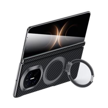 Imagem de POYUFRG Capa magnética para Huawei Mate X7, capa de couro padrão de fibra de carbono com suporte de anel de metal e capa de proteção de dobradiça, preto, Mate X7