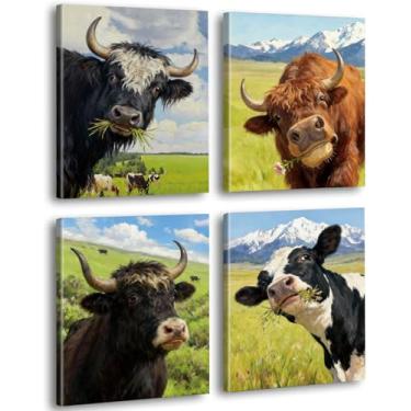 Imagem de Arte de parede emoldurada de vaca Highland, 4 peças 20 x 25 cm impressões engraçadas em tela de animais de fazenda com paisagem de montanha, decoração de casa rústica