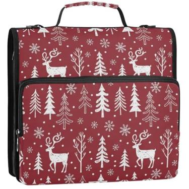 Imagem de Pasta profissional com 3 anéis de 3,8 cm, anel em D, veado, pinheiros, vermelho, fichário com zíper, portfólio, comporta 500 folhas com alça de ombro para escola, 34,5 x 31,5 x 9 cm