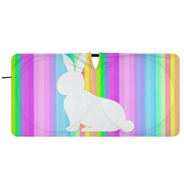 Imagem de Guarda-sol personalizado com listras arco-íris de coelho branco para para-brisa de carro protetor solar dobrável engraçado para para-brisa dianteiro de carro impressões de animais, 76 cm x 149 cm