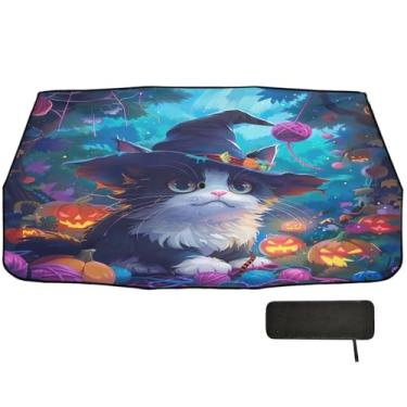 Imagem de Sombra de para-brisa de Halloween de gato fofo para caminhões proteção de isolamento térmico persianas de janela de carro blackout 147 x 75 cm guarda-chuva automático de carro