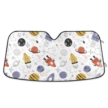 Imagem de Capa solar de carro com foguetes espaciais desenhados à mão para-brisa para janela frontal de carro para a maioria dos sedãs SUV caminhão pequeno