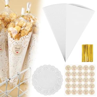 Imagem de LemonRoad Conjunto de 100 sacos de cones de pipoca, 33 x 63 cm em forma de cone, sacos de guloseimas de celofane com papel de renda branca de 16,5 polegadas e adesivos de agradecimento para festa de