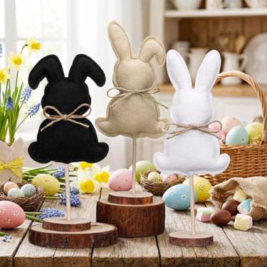 Imagem de Bucherry 3 peças de decoração de mesa em pé de páscoa coelho mesa de madeira placa central bloco blocos de coelho bandeja em camadas decoração de Páscoa para decoração de prateleira de festa de