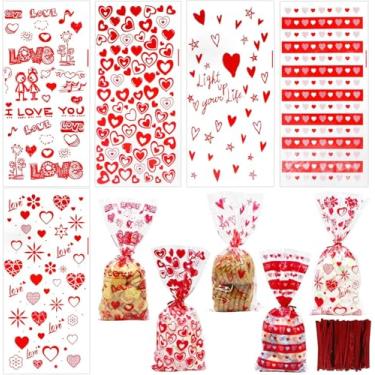 Imagem de UPINLOOK 120 unidades de sacos de guloseimas de celofane para o dia dos namorados, 4 sacos sortidos para brindes de dia dos namorados com laços torcidos para biscoitos, doces e artigos de festa dos