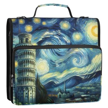 Imagem de Fichário organizador de fichário com zíper, torre noite estrelada, 3 anéis, anel D de 3,8 cm, fichário fofo com alça de ombro para carteira escolar, suporte de 500 folhas