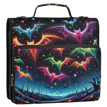 Imagem de Fichários básicos de 3 anéis, anel D de 3,8 cm, morcegos néon, multicolorido, com zíper, pasta de armazenamento com alça e bolsa escolar