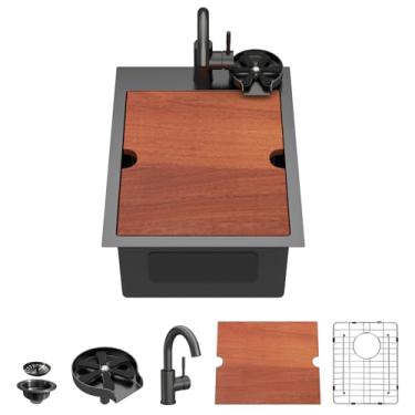 Imagem de Dcolora Pia de barra preta com torneira, 38 cm x 50 cm, pia de cozinha pequena, calibre 16, aço inoxidável 304, nano-PVD, estação de trabalho com acessórios valiosos #DC-T2533009BF