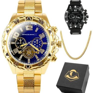 Imagem de Kit Relógio Masculino Analógico Dourado Aço Inox Caixa Grande Corrente