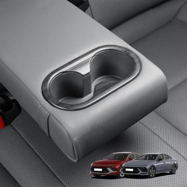 Imagem de Capa de painel de apoio de braço central traseiro, suporte de copo traseiro capa protetora para painel acessórios de acabamento interno, compatível com acessórios Hyundai Sonata 2025 (grão de madeira)