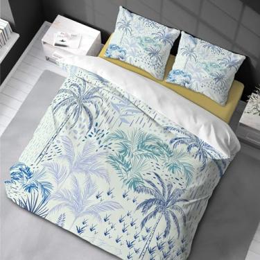 Imagem de Conjunto de capa de edredom coqueiros na praia tropical conjunto de cama decorativo de 3 peças com 2 fronhas king size azul verde 200 x 200 cm -50 x 75 cm*2