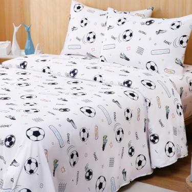 Imagem de Swiftify Jogo de lençol casal para crianças, lençol esportivo de futebol, jogo de cama de 4 peças para meninos e meninas, roupa de cama de microfibra macia escovada, bolso profundo, resistente a rugas