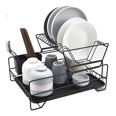 Imagem de Escorredor de louça de cozinha escorredor destacável 2 camadas com bandeja coletora rack de utensílios de mesa rack de armazenamento de bancada (cor: preto)
