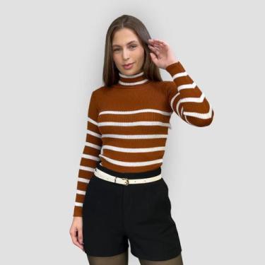Imagem de Blusa Feminina Tricô Canelado Listrado Inverno Gola Alta - GIP ECOMMER