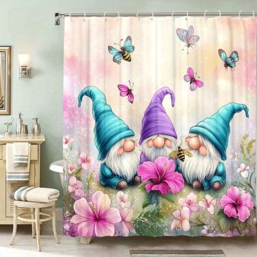 Imagem de Conjunto de cortinas de chuveiro impermeáveis Gnome Floral com 12 ganchos