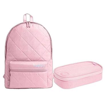 Imagem de Kit Mochila e Estojo Escolar Infantil Minibox Happy Rosa - Tilibra