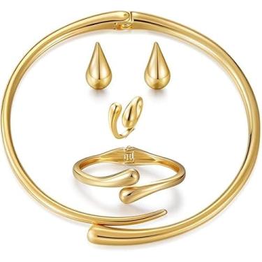Imagem de Conjunto de Semijoias Minimalistas Femininas Banhadas a Ouro 18K com Colar, Pulseira, Anel Ajustável e Brincos Gota – Estilo Moderno e Sofisticado