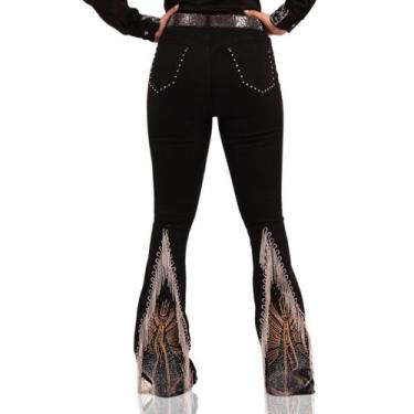 Imagem de Calça Jeans Preta Nossa Senhora Aparecida Bordada Franjas Strass Moda 