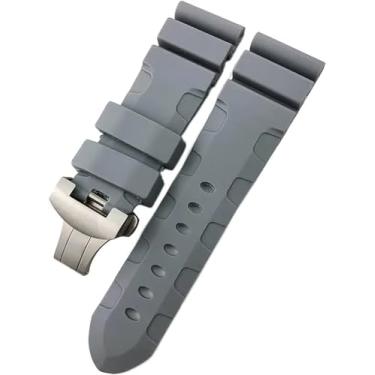 Imagem de DFAMIN Pulseira de relógio de borracha de silicone de 24 mm e 26 mm adequada para Panerai luminária submersível PAM verde azul à prova d'água (cinza dobrável, 26 mm)