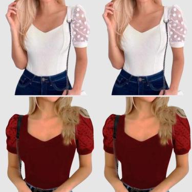 Imagem de Kit 4 Body Blusa Feminina Manga Curta Bufante Tule Poa Luxo Lançamento