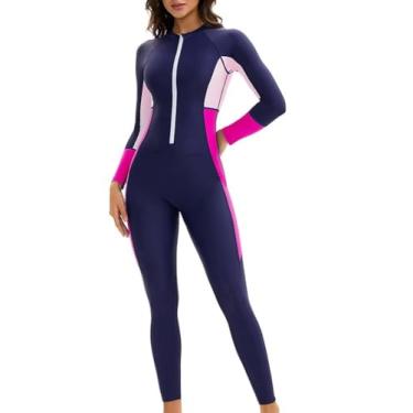 Imagem de Maiô feminino Rash Guard de manga comprida com proteção solar com estampa esportiva, maiô inteiro FPS 50+, rosa escuro