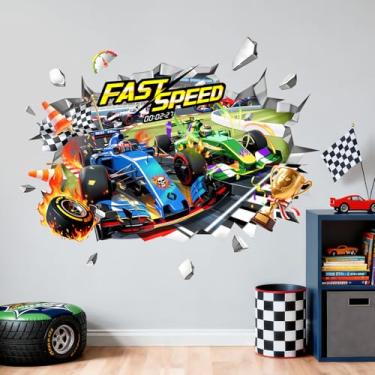 Imagem de Decalques de parede de carro de corrida 3D para fãs de corrida de meninos - Fórmula 1 rápida adesivos de parede para crianças pequenas, adolescentes, quarto, berçário, sala de jogos, sala de aula