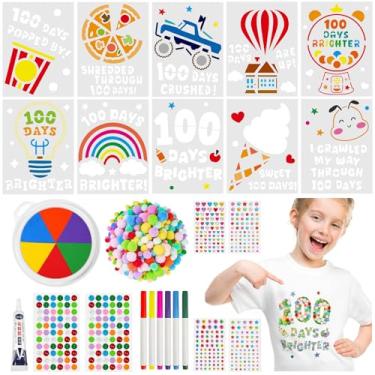 Imagem de Cinrobiye Conjunto de 10 estênceis de desenho "faça você mesmo" do 100º dia de escola para crianças, kit de pintura e artesanato com pompons e botões para festa escolar, faça você mesmo, 100 dias de