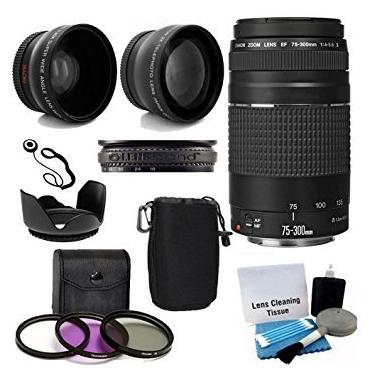 Imagem de Canon Lente teleobjetiva EF 75-300mm f/4-5.6 III com zoom com lente teleobjetiva 2X, lente grande angular HD e acessórios (kit de 8 peças)