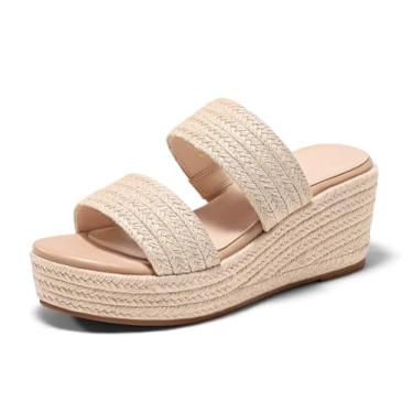 Imagem de Coutgo Sandálias femininas plataforma plataforma alpargatas duas faixas salto aberto sapatos verão praia férias, Bege, 39