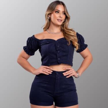 Imagem de Conjunto Feminino Tinto Cropped e Short Azul Marinho Moda Blogueira Te