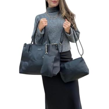 Imagem de Kit 3 Bolsas Femininas Estilo Tote Couro Sintético Preta Alça Trançada Necessaire Bag Transversal Moderna Elegante