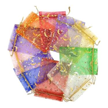 Imagem de Sacos de organza, 50 peças de sacos de presente com cordão de estrela da lua, bolsa de malha de 10 x 12,7 cm, bolsa de presente com cordão, bolsas de joias para lembrancinhas de casamento