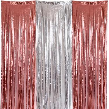 Imagem de Pacote com 3 cortinas de franja em ouro rosa e prata, fitas metálicas para decoração de aniversário, cenário de cabine de fotos para festas de casamento, noivado, chá de panela