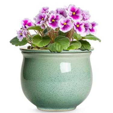 Imagem de Teagas Vasos autoirrigáveis de cerâmica, vasos violeta africana de 15 cm com vaso interno absorvente, vaso redondo autoirrigável para plantas de interior, vaso de cerâmica para plantas, decoração de