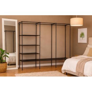 Imagem de Arara Tripla de roupas com Cabideiro Ajustável – Closet para Quarto, Sapateira + Prateleira, Guarda-Roupa Casal Grande Cor Preta, Montagem Fácil