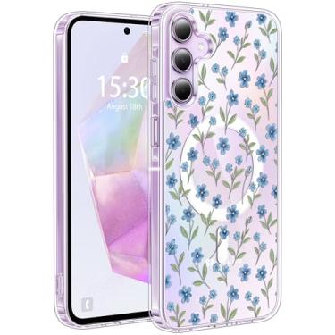 Imagem de Jkvare Capa para Samsung Galaxy A35 compatível com MagSafe, capa protetora magnética sem fio com padrão estético cristalino para mulheres e meninas - pétalas azuis