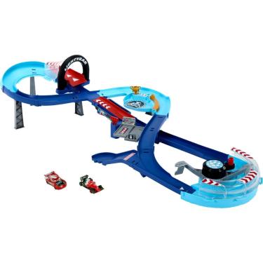 Imagem de Playset Mattel Disney Pixar Cars com 2 carros de brinquedo Lightning McQueen e Francesco Bernoulli GRC Jumping Raceway Set com reforço