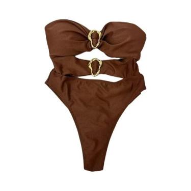 Imagem de Maiô Feminino Sexy Com Recorte Em Metal, Estilo Bandeau, Alta Cintura,